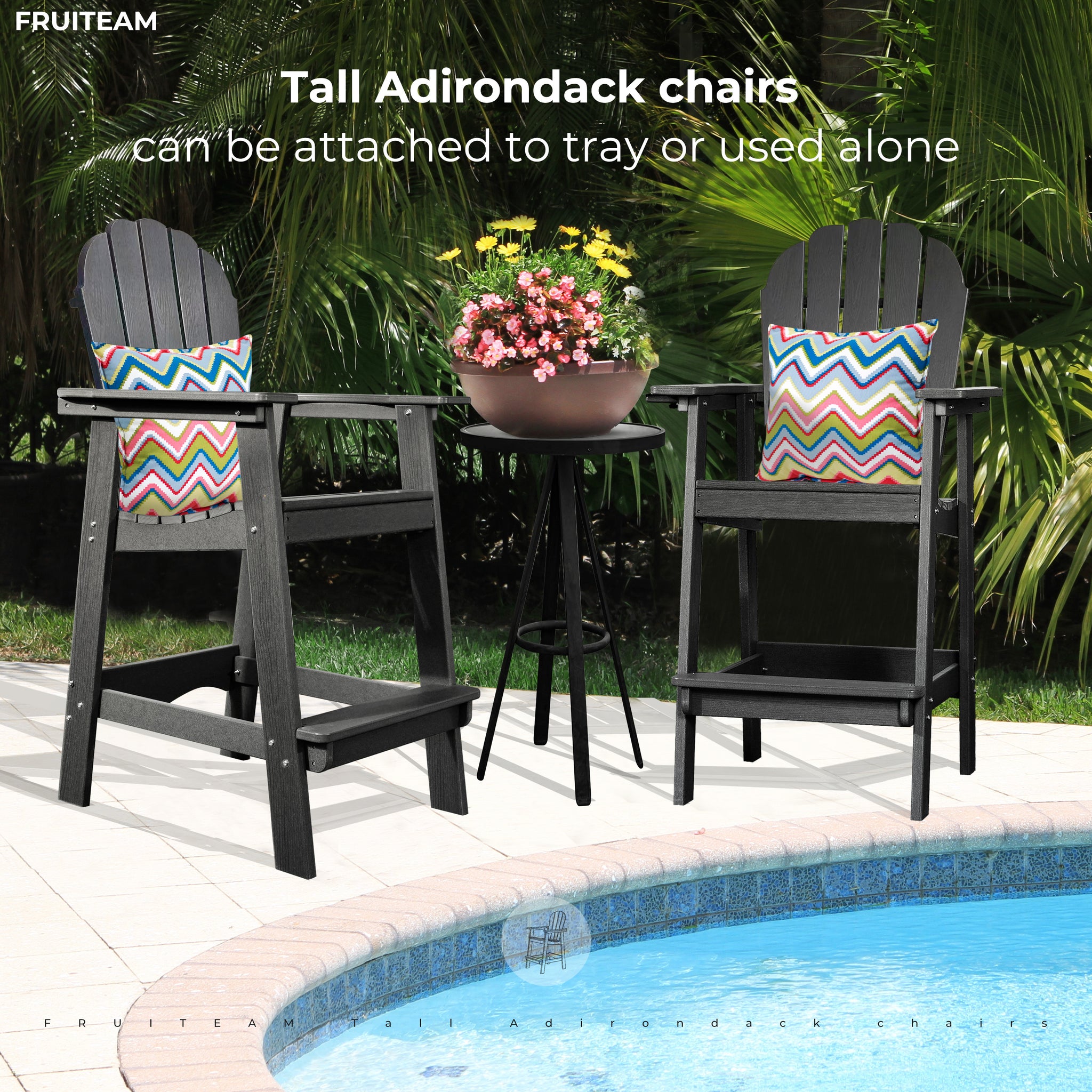 Tall-Adirondack-Chairs-Set of 2, Modern Bar-Height Patio Chairs with Removable Connecting Tray
