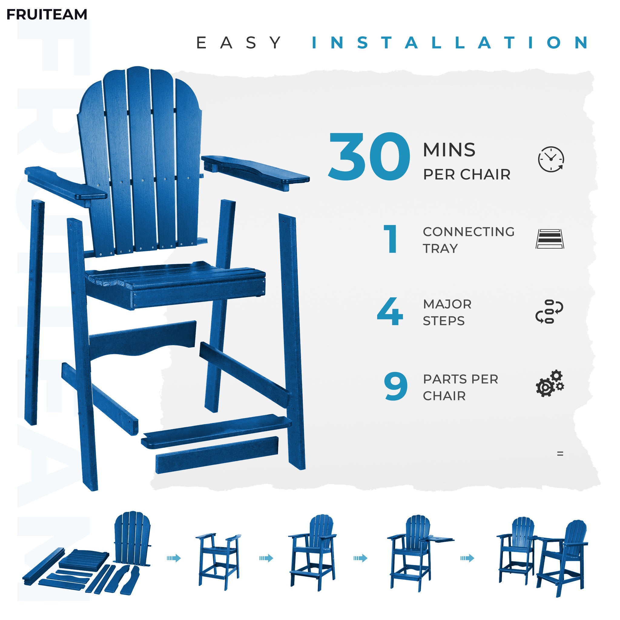 Tall-Adirondack-Chairs-Set of 2, Modern Bar-Height Patio Chairs with Removable Connecting Tray