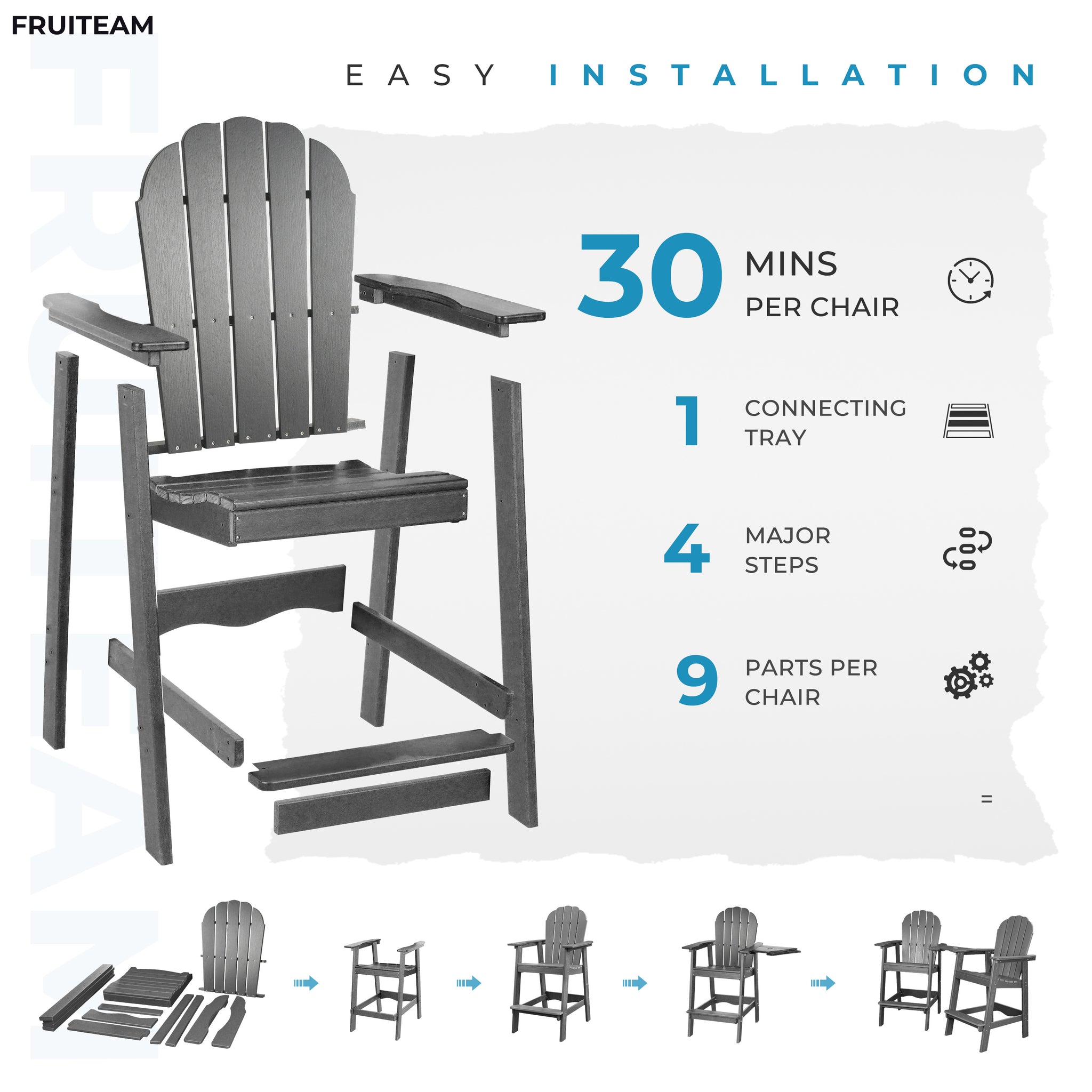 Tall-Adirondack-Chairs-Set of 2, Modern Bar-Height Patio Chairs with Removable Connecting Tray