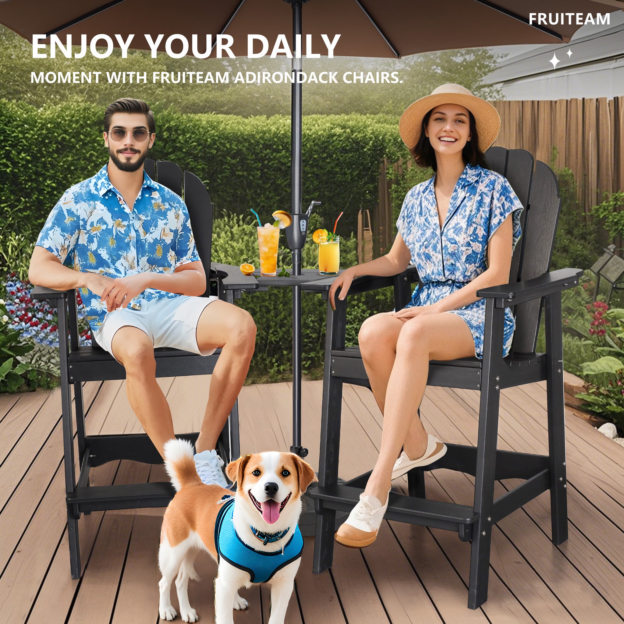Tall-Adirondack-Chairs-Set of 2, Modern Bar-Height Patio Chairs with Removable Connecting Tray