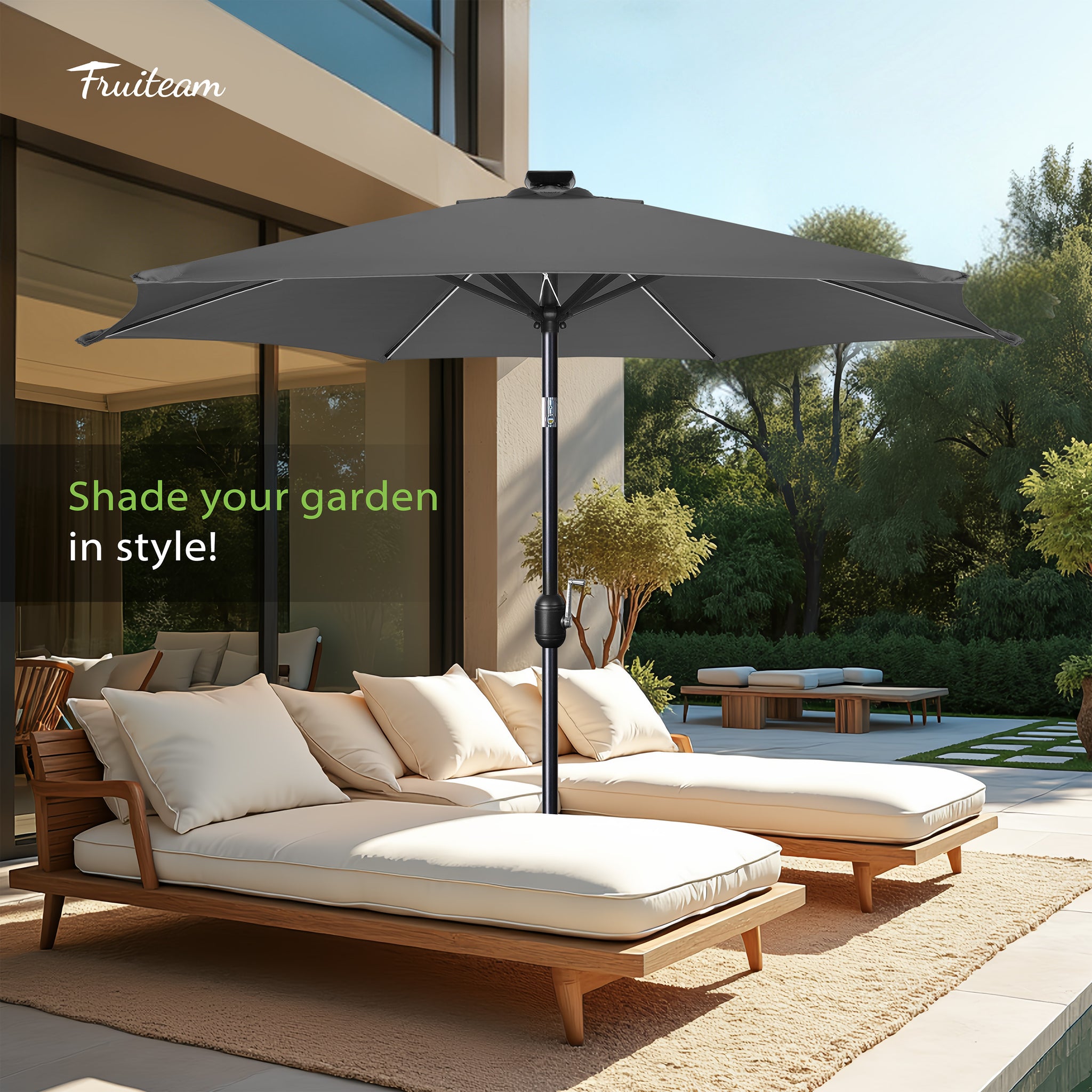 FRUITEAM Meteor Light Patio Market Umbrella, 7.5FT Table Umbrella with High-Strength Frame & Solar LED Lights, All-Weather UV Protection Sun Shade for Poolside, Garden, Backyard