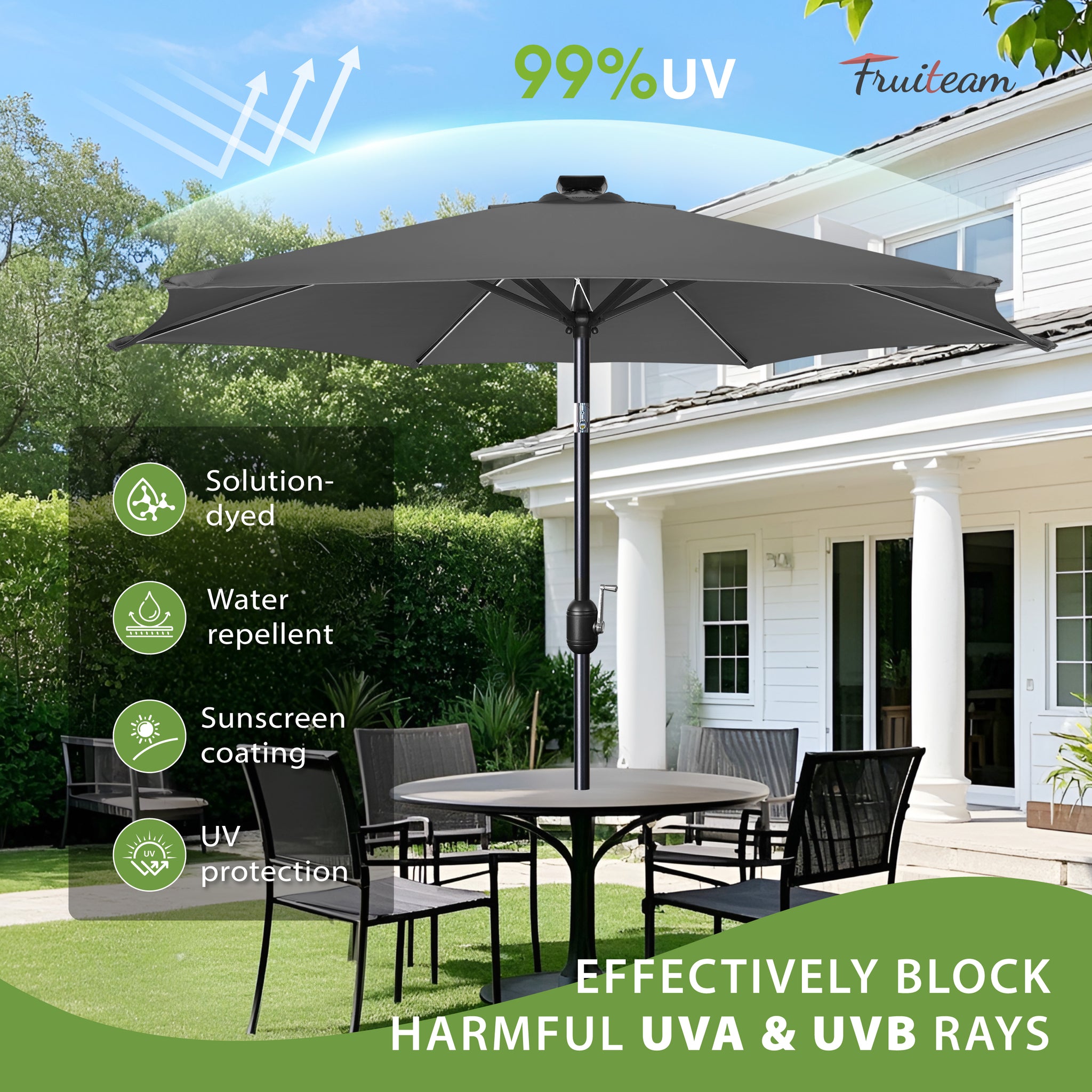 FRUITEAM Meteor Light Patio Market Umbrella, 7.5FT Table Umbrella with High-Strength Frame & Solar LED Lights, All-Weather UV Protection Sun Shade for Poolside, Garden, Backyard
