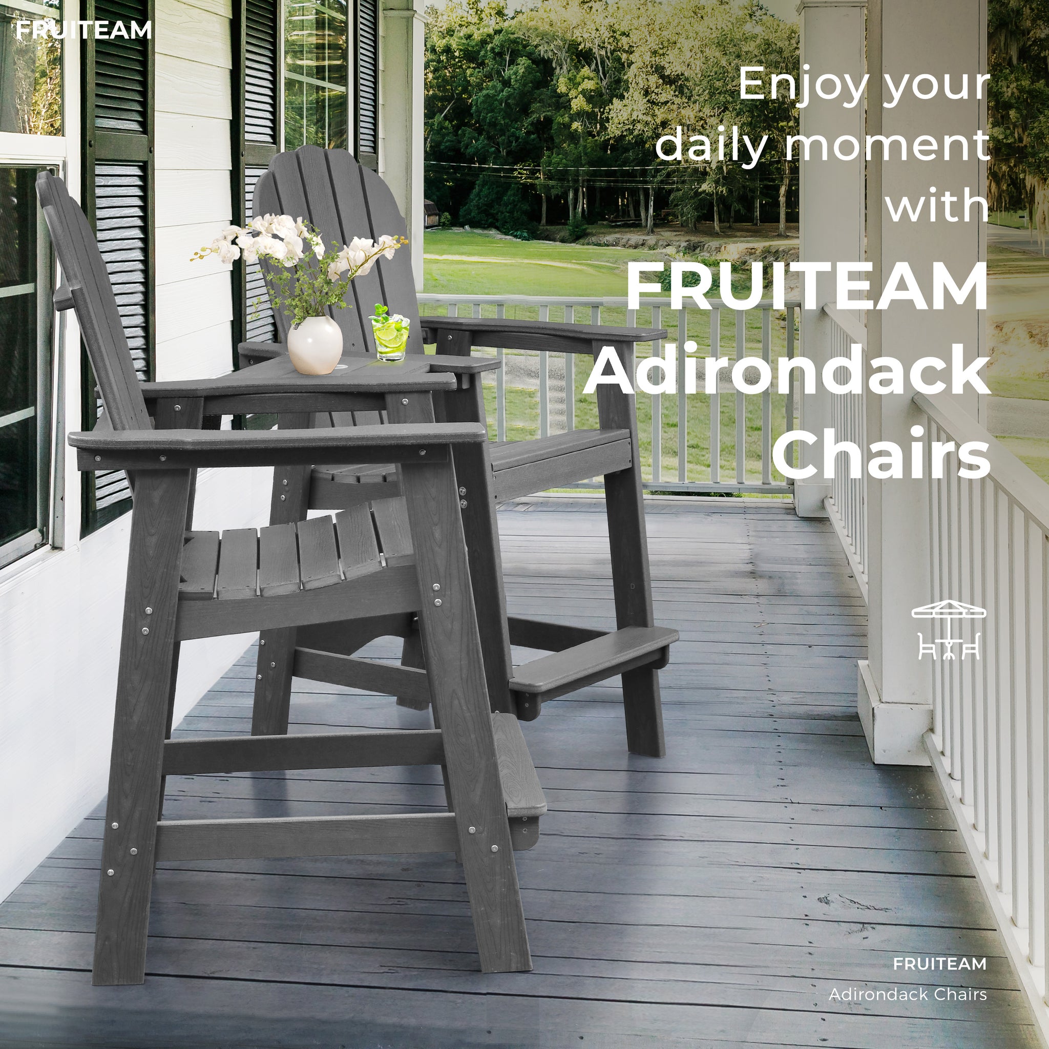 Tall-Adirondack-Chairs-Set of 2, Modern Bar-Height Patio Chairs with Removable Connecting Tray