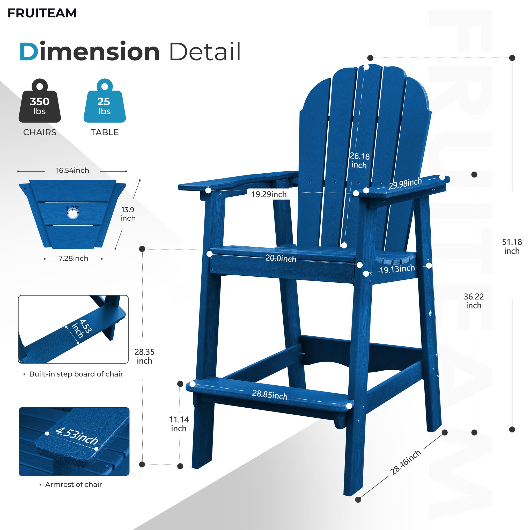 Tall-Adirondack-Chairs-Set of 2, Modern Bar-Height Patio Chairs with Removable Connecting Tray