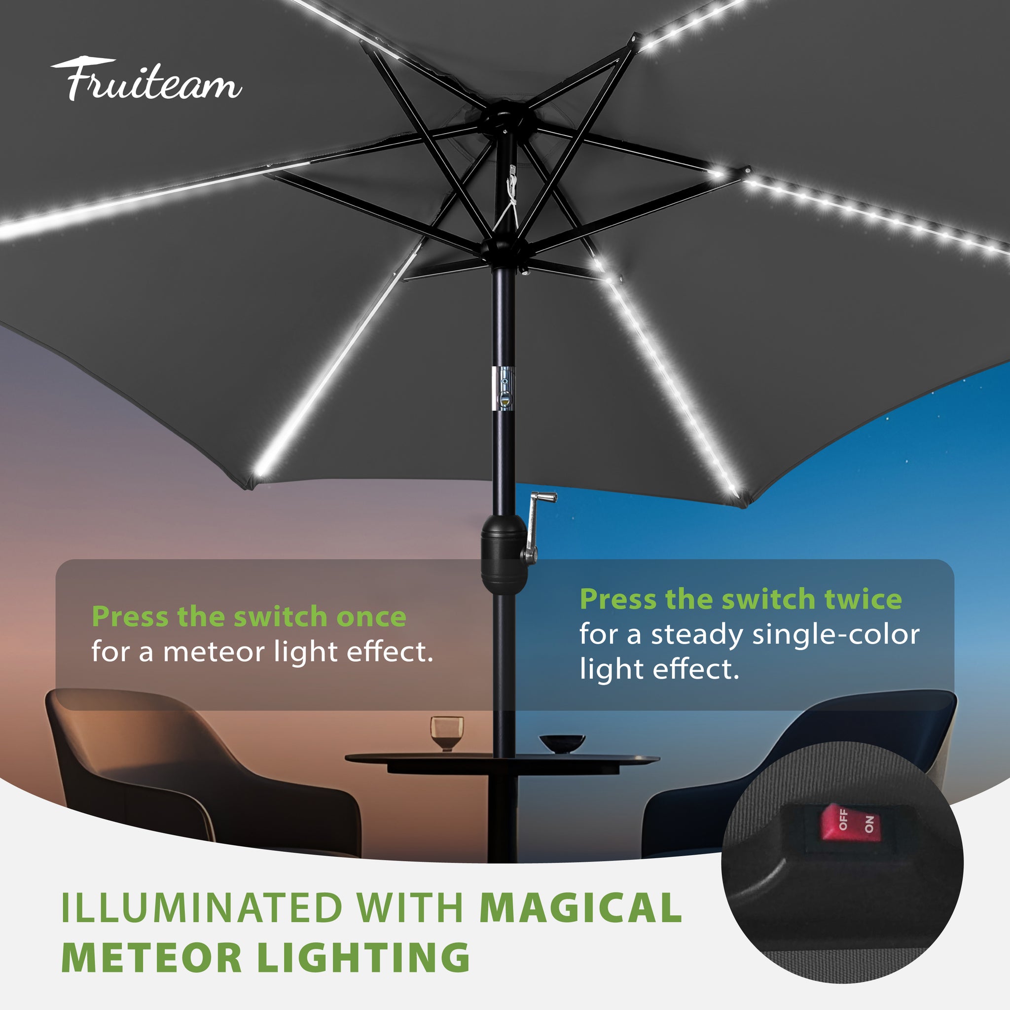 FRUITEAM Meteor Light Patio Market Umbrella, 7.5FT Table Umbrella with High-Strength Frame & Solar LED Lights, All-Weather UV Protection Sun Shade for Poolside, Garden, Backyard