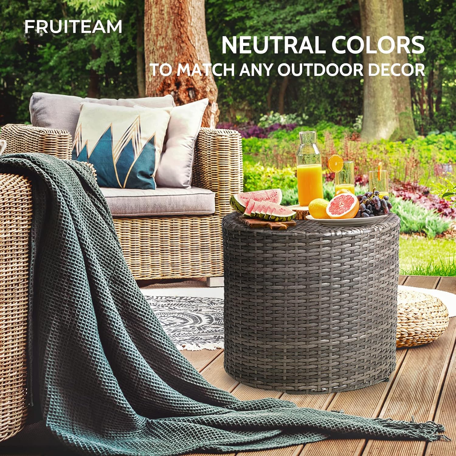 Set of 2 and 1 Pack FRUITEAM Resin Wicker Outdoor Ottoman Table,  Dark Grey Set