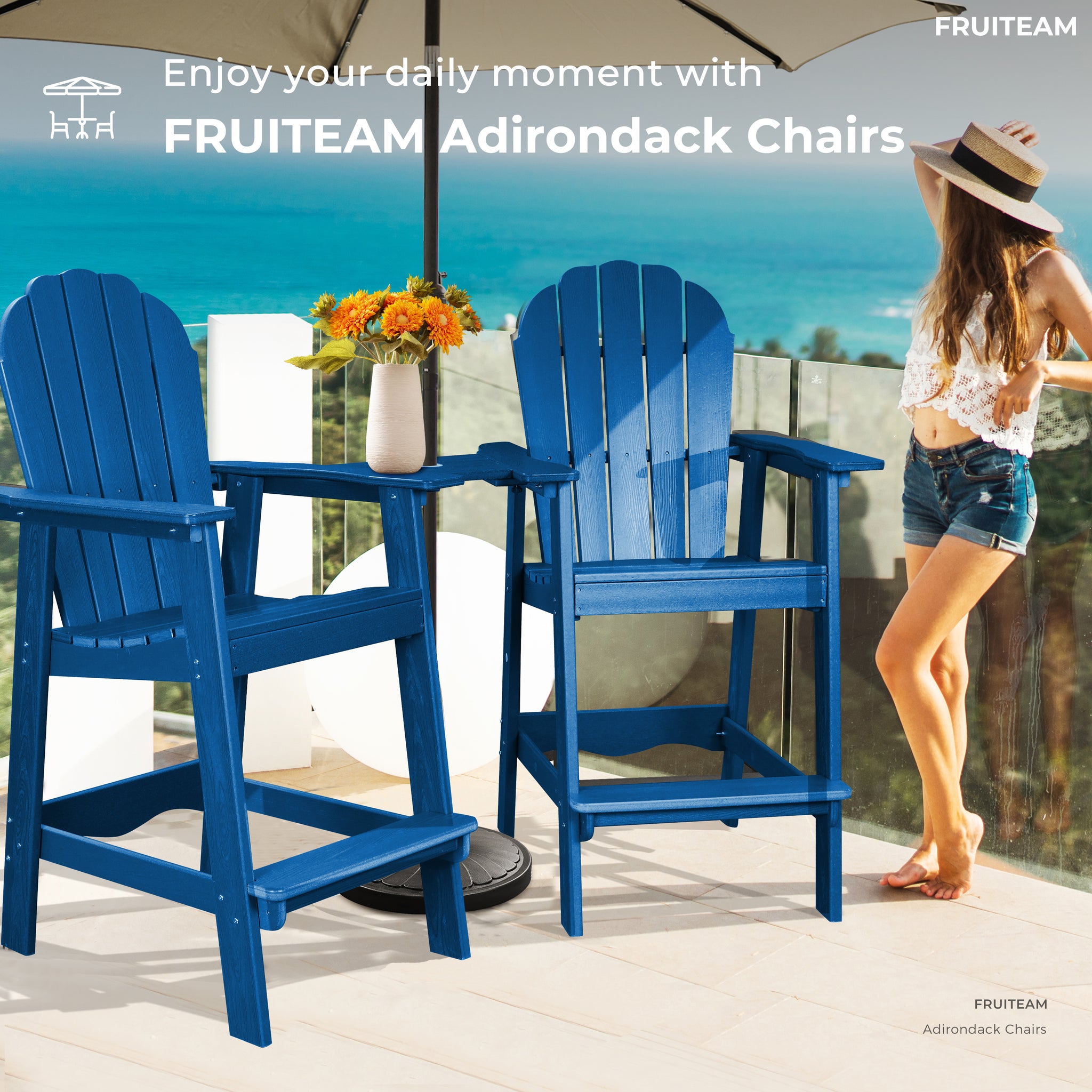 Tall-Adirondack-Chairs-Set of 2, Modern Bar-Height Patio Chairs with Removable Connecting Tray