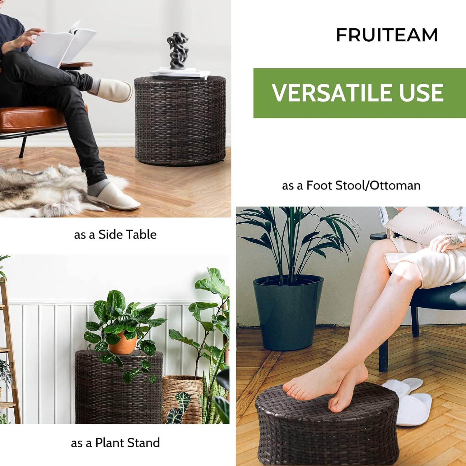 Set of 2 and 1 Pack FRUITEAM Resin Wicker Outdoor Ottoman Table,  Dark Grey Set