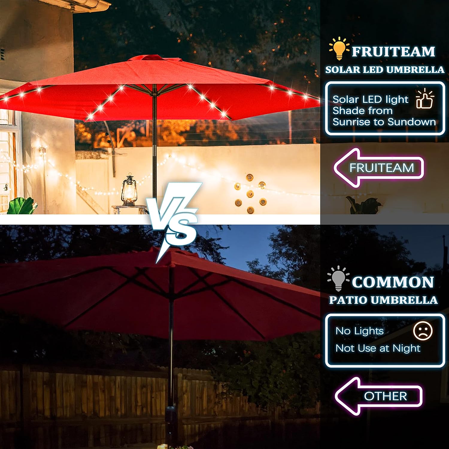 7 1/2ft FRUITEAM 24 LED Lighted Solar Umbrella, Coral Red