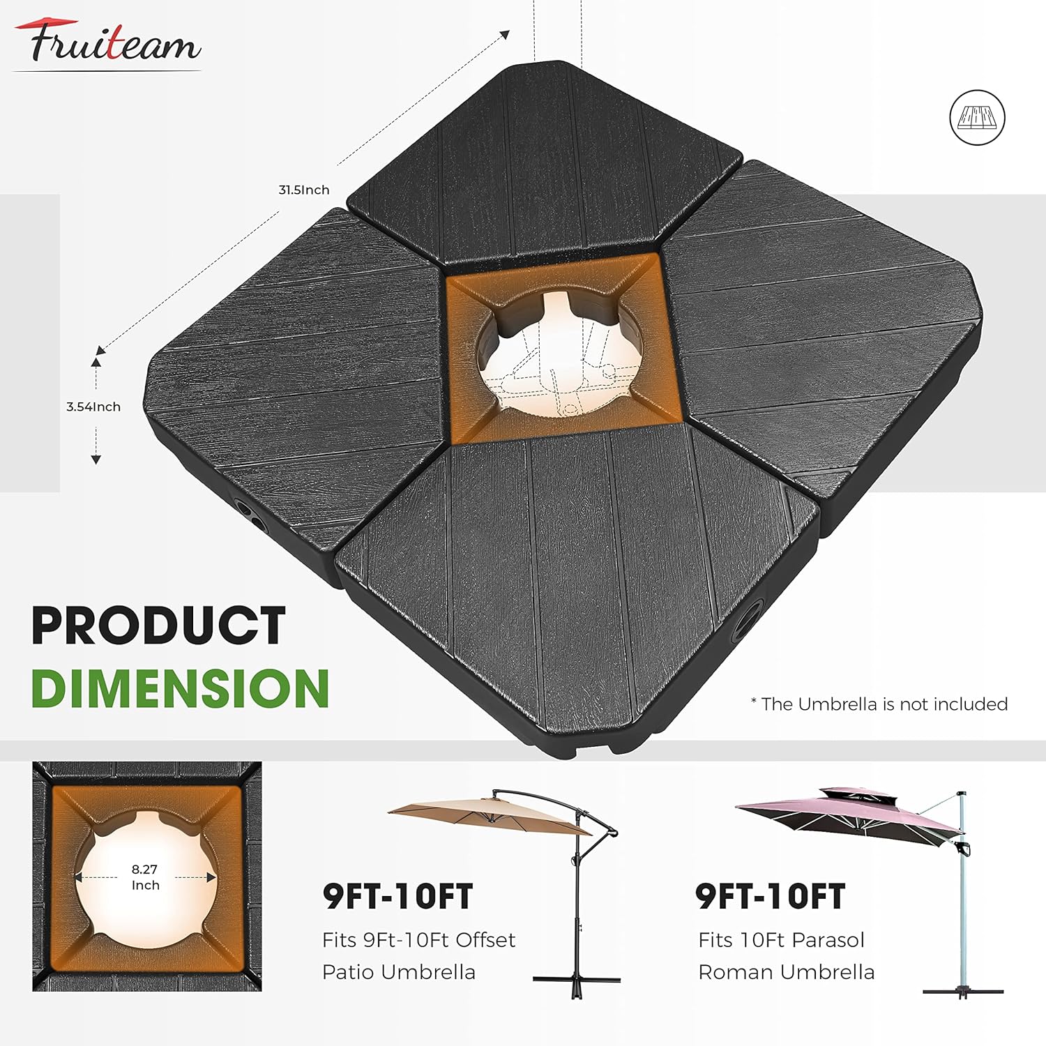 180lbs FRUITEAM 4-Piece Cantilever Patio Umbrella Base, Grain of wood Black