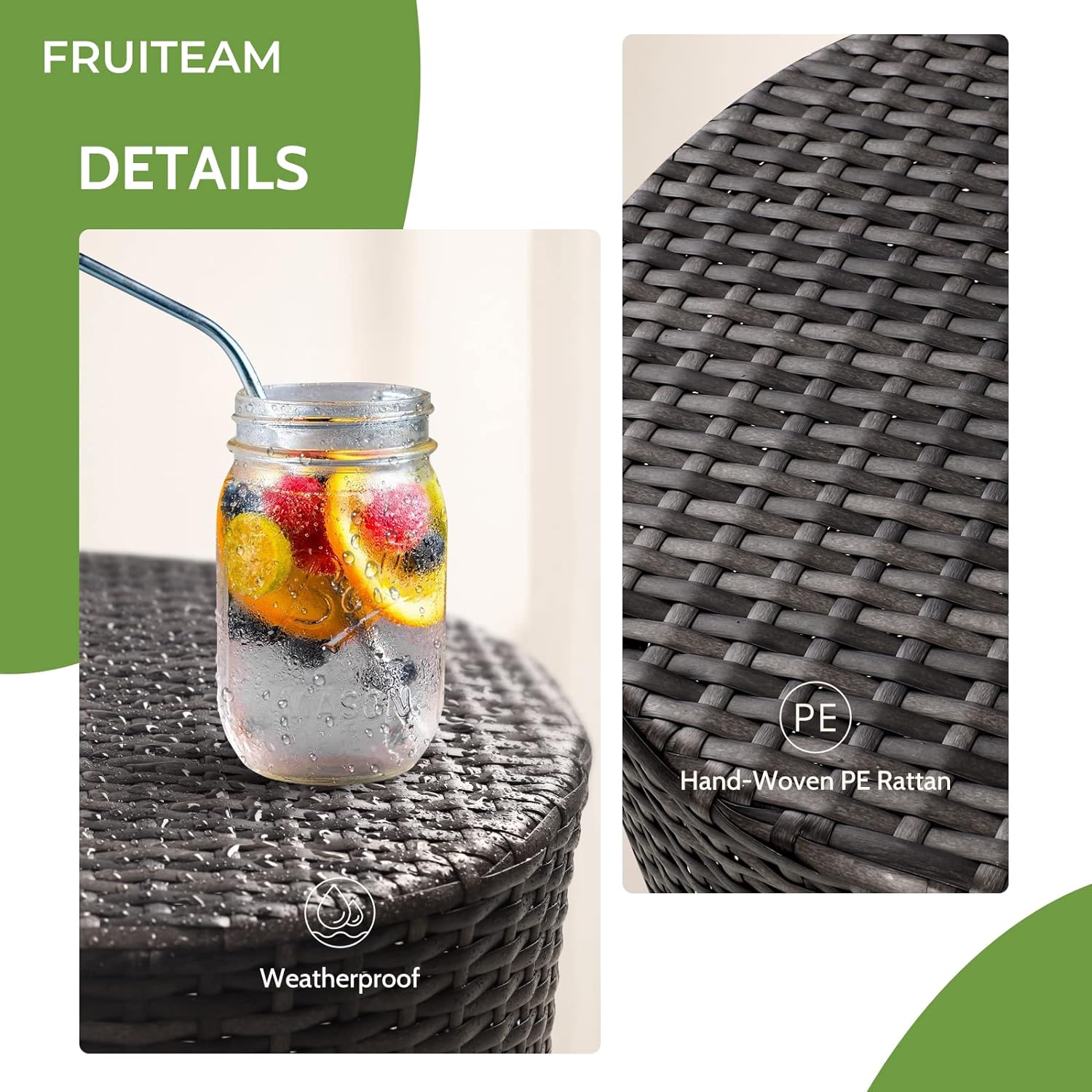 Set of 2 and 1 Pack FRUITEAM Resin Wicker Outdoor Ottoman Table,  Dark Grey Set
