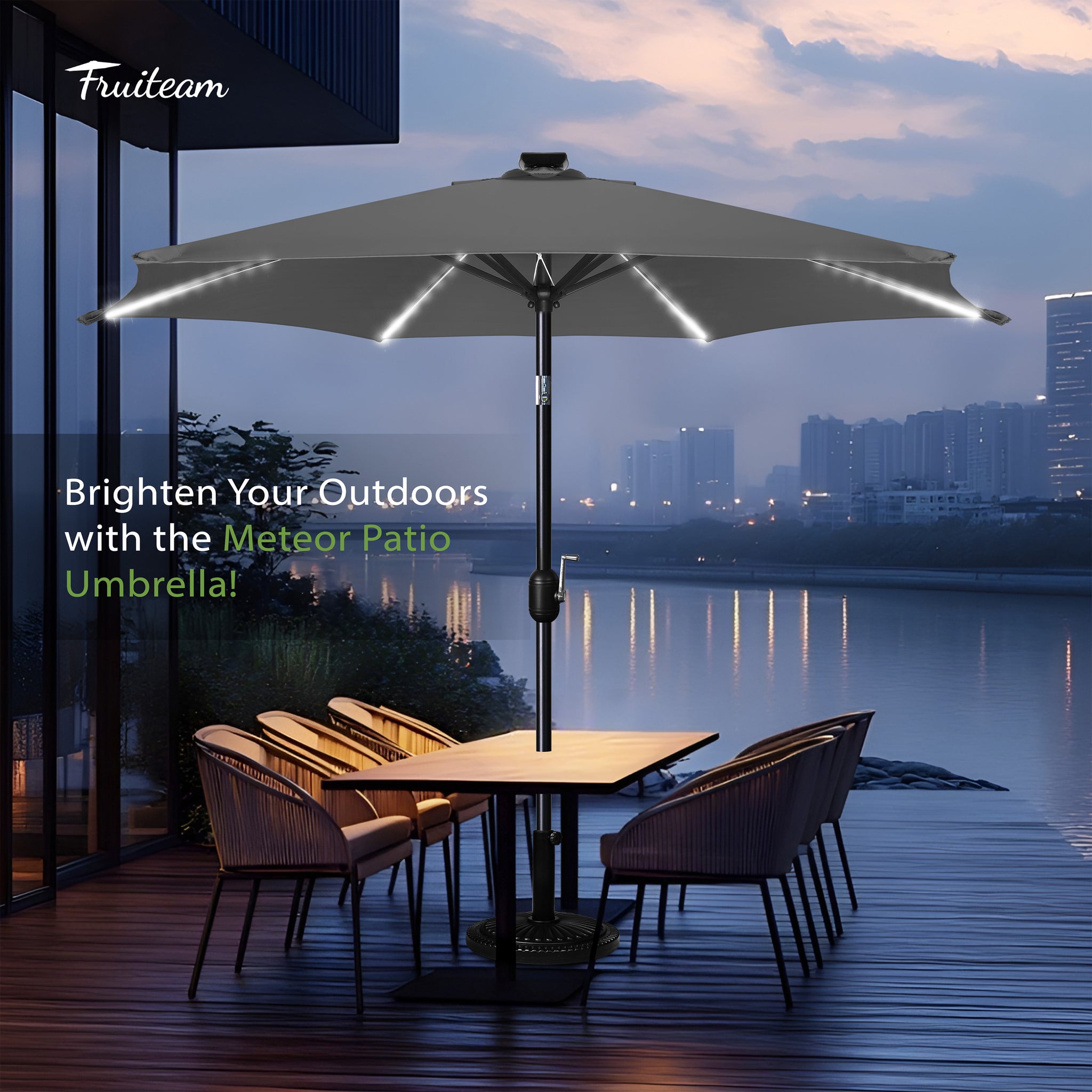 FRUITEAM Meteor Light Patio Market Umbrella, 7.5FT Table Umbrella with High-Strength Frame & Solar LED Lights, All-Weather UV Protection Sun Shade for Poolside, Garden, Backyard