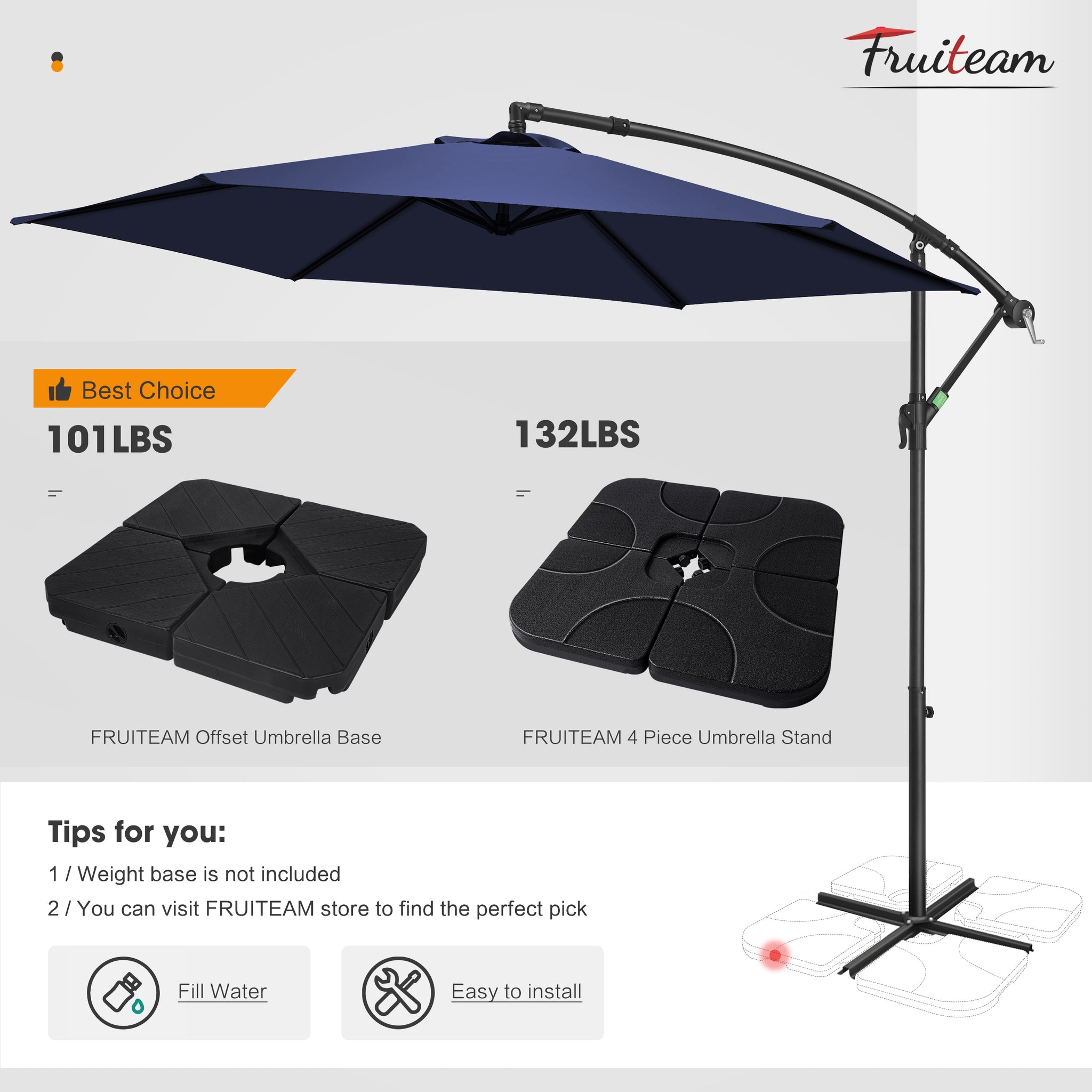 10ft FRUITEAM Offset Hanging Patio Umbrella, Navy