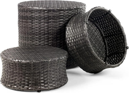 Set of 2 and 1 Pack FRUITEAM Resin Wicker Outdoor Ottoman Table,  Dark Grey Set